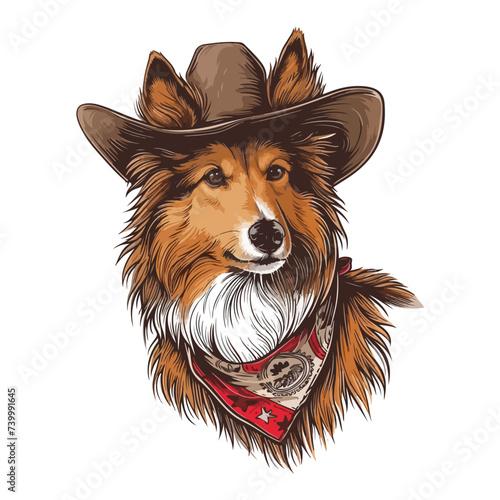 shetland sheepdog dog Head wearing cowboy hat and bandana around neck