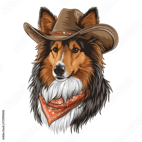 shetland sheepdog dog Head wearing cowboy hat and bandana around neck