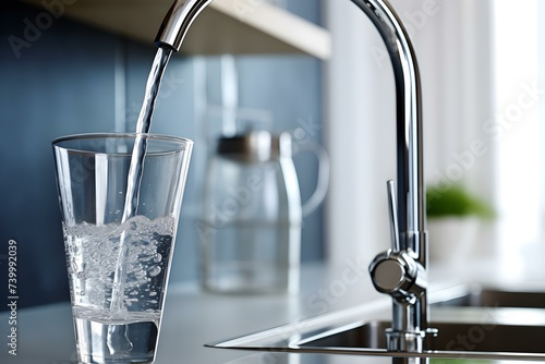 Refreshing and safe kitchen tap water in a clean glass. Concept Kitchen tap water, Clean glass, Refreshing drink, Safe drinking water, Health and wellness