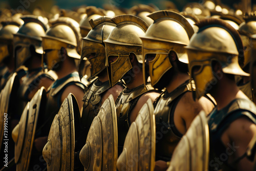 Spartan hoplites, heavily armored infantry, standing in a disciplined phalanx formation. photo