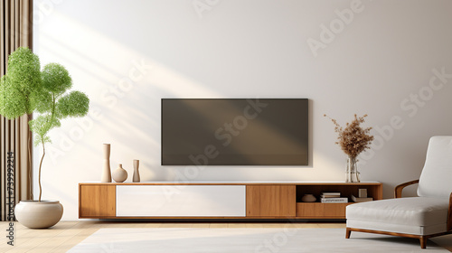 mockup a tv wall mounted in a living room with white wall