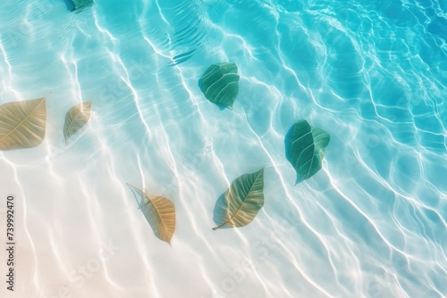 Shadows of tropical leaves on blue water, sand. View from above. Tropical banner with copy space. Abstract background for summer beach weekend.