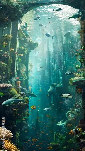 Abstract underwater habitats merging with a futuristic city showcasing a blend of marine life and advanced technology photo