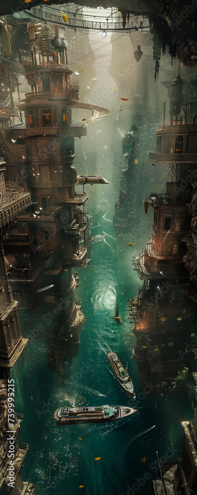 Dystopian metropolis with floating transport systems reflecting the ...