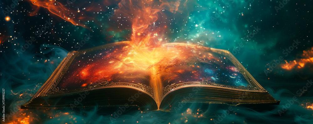 Enchanted grimoire containing the essence of nebulae used by wizards to harness cosmic magic and secrets - obrazy, fototapety, plakaty 