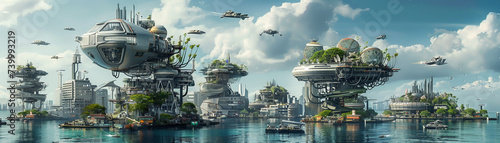 Dystopian cityscape where evolution and revolution clash showcasing floating architecture and advanced ships photo