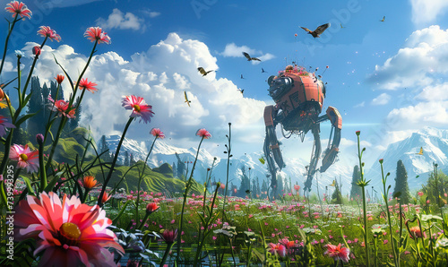 Field of mechanical flowers hosting wildlife illustrating a harmonious blend of nature and technology photo