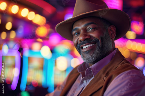 African American male gambler in a hat and vest smiles confidently at the camera while standing in a casino, copy space