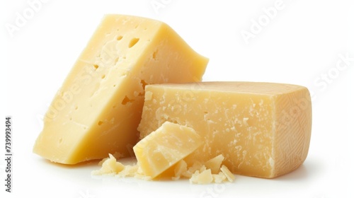 Pieces of delicious parmesan cheese on white background.