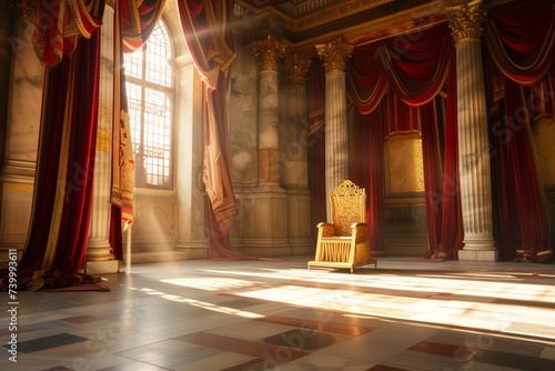 wide shot of an empty throne in a sunlit chamber with red and gold drapery