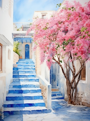 A painting depicting a blue staircase ascending towards a tree, creating a whimsical and enchanting scene.