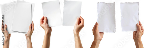 Hand holding slip of paper mockup isolated on white background