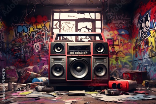 s boombox in graffitifilled room retro music vibes. Concept Retro Music, Boombox, Graffiti Art, Urban Style, Colorful Environment