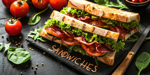 Fresh deli sandwiches with ham and lettuce on a rustic table with tomatoes and basil.