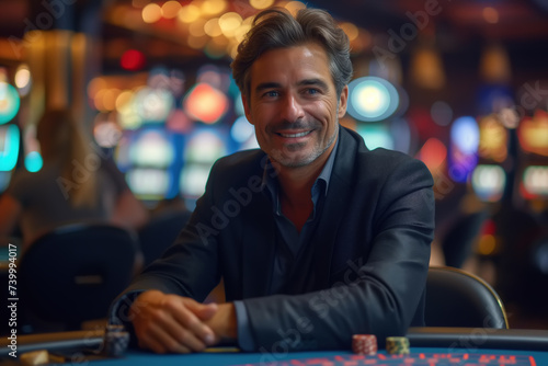 A man with a smile on his face is seated at a casino table, possibly enjoying a winning streak or celebrating a jackpot. He appears relaxed and content as he engages in the gambling activity