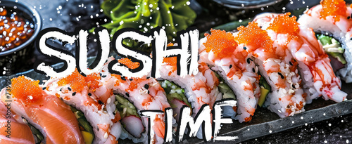 write SUSHI TIME with sushi background