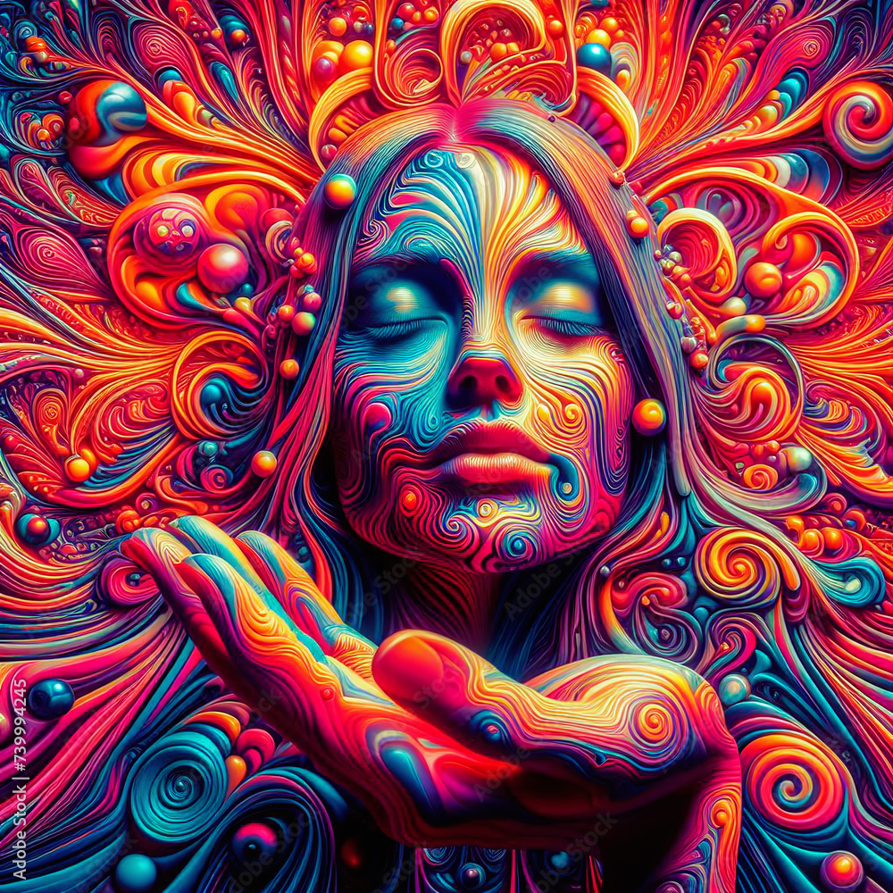 Portrait of a beautiful woman with closed eyes. Psychedelic background