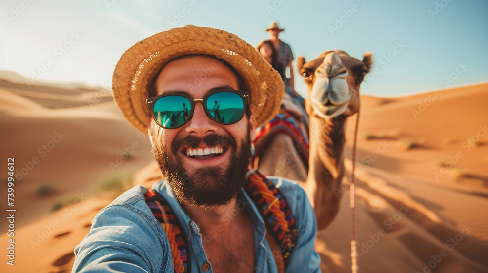 Man in desert with camel on vacation. 