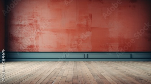 a red wall with blue trim and wood floor