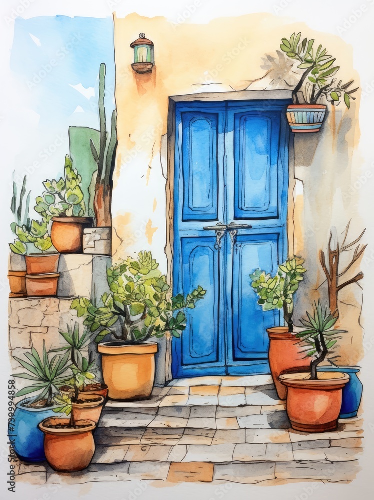 A painting depicting a blue door set in a white wall, adorned with various potted plants in vibrant colors.