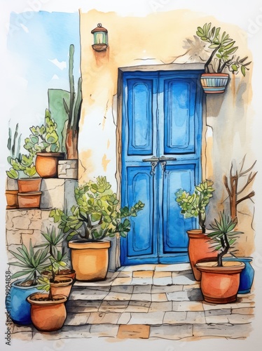A painting depicting a blue door set in a white wall, adorned with various potted plants in vibrant colors. © pham