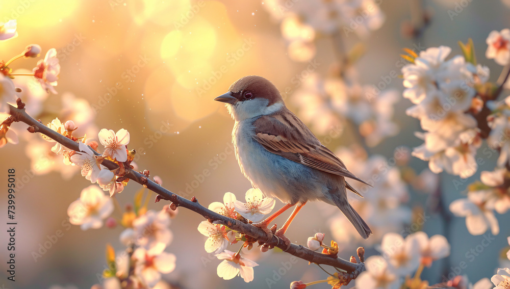 a bird on a branch with white flowers