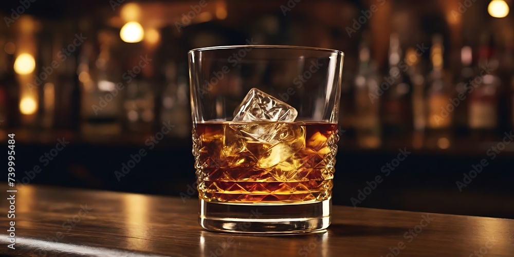 A close up of whiskey drink in a whiskey glass on a bar table A close up of whiskey drink in a whiskey glass on a bar table