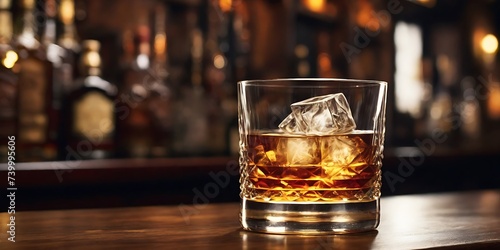 A close up of whiskey drink in a whiskey glass on a bar table