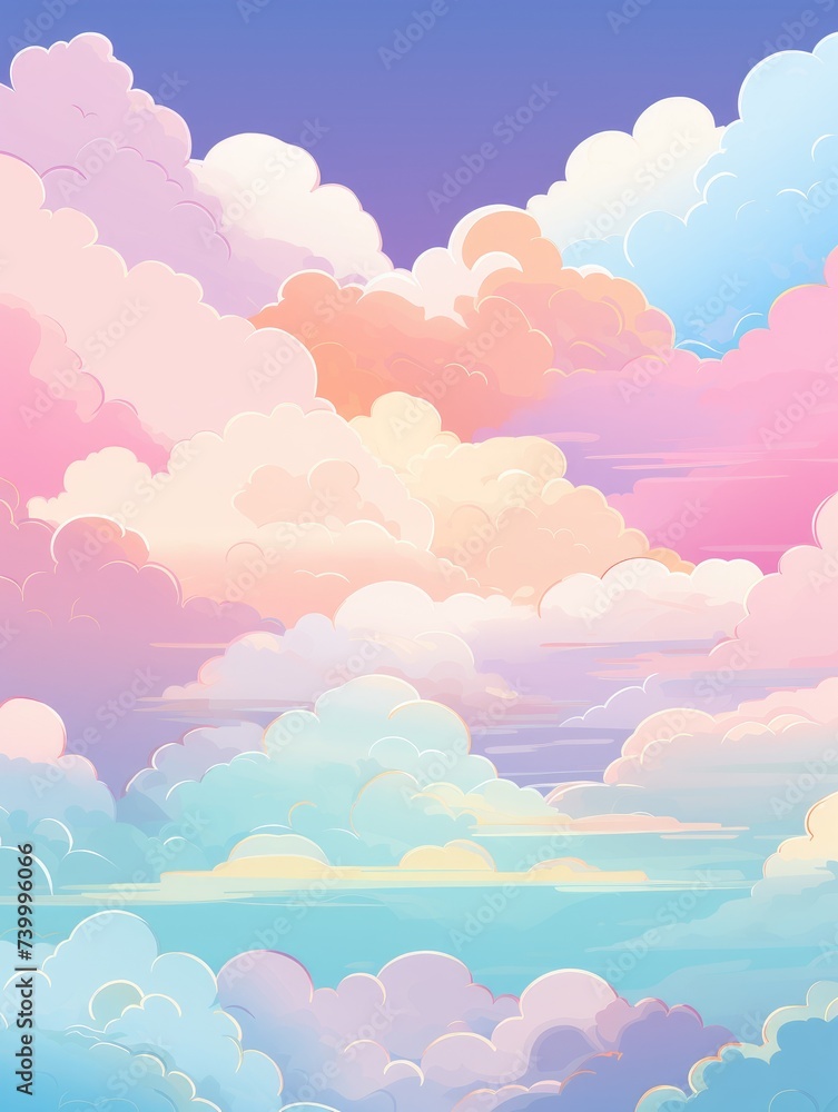A painting depicting fluffy cumulus clouds in a blue sky, captured in a realistic style with attention to detail and lighting.