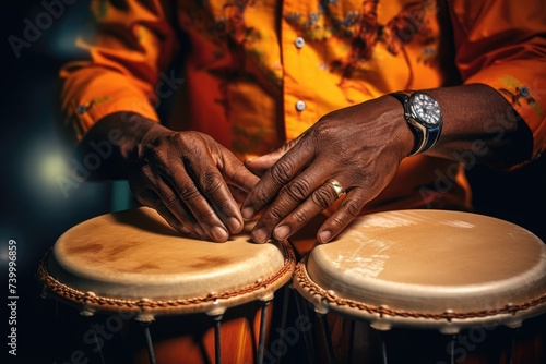 Close up of musician hand playing bongo drums.