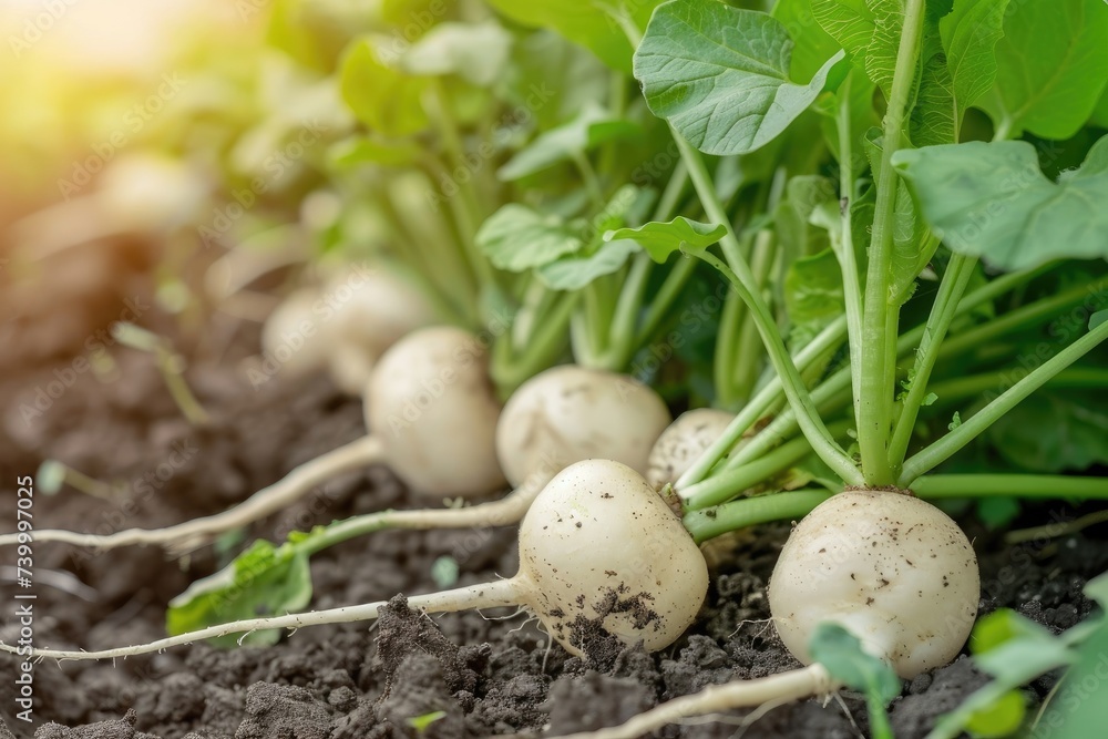 Freshly harvested white round radish in the garden background. Freshly harvested white round radish in the garden background.