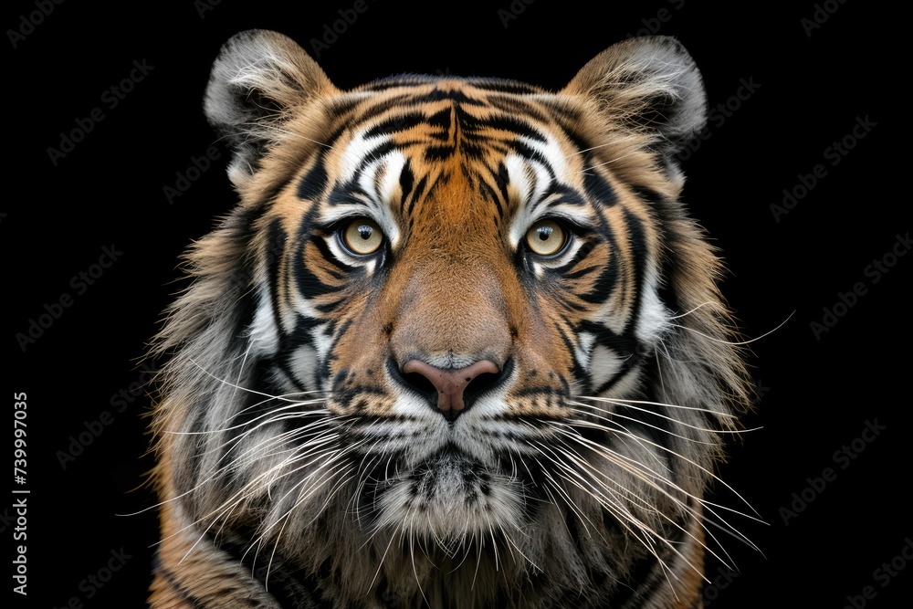 Obraz premium Front view of Sumatran tiger isolated on black background. Portrait of Sumatran tiger (Panthera tigris sumatrae)