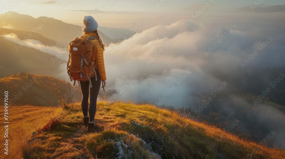 Girl with backpack on mountain peak looking in beautiful mountain valley in fog at sunset in autumn.