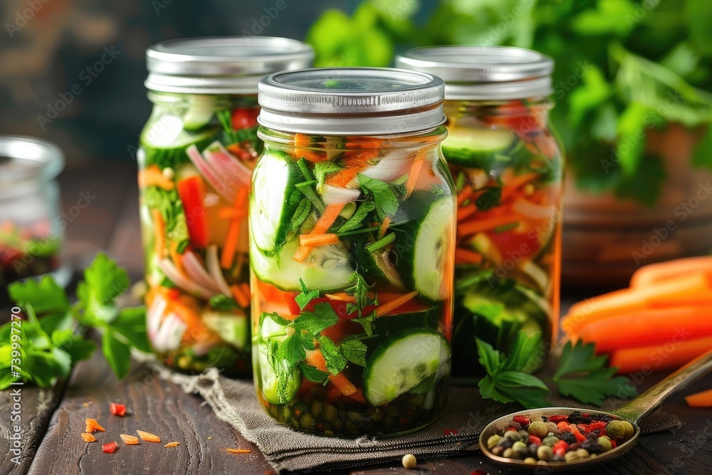 A raw diet with fresh cucumber, peppers, onions and carrots in a jar. Vegan food concept, fermented vegetables A raw diet with fresh cucumber, peppers, onions and carrots in a jar. Vegan food concept, fermented vegetables