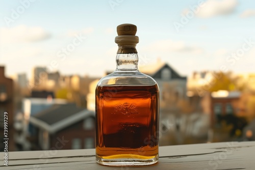 aged whisky bottle, citys historic district backdrop photo