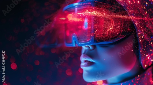 An image of a futuristic woman in a futuristic costume. A girl wearing virtual reality glasses while touching the air. A concept for futuristic technology, artificial intelligence, and augmented