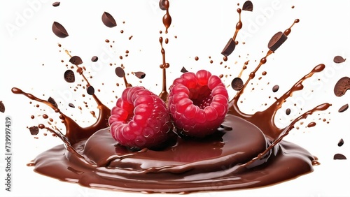 Raspberry with pieces and splashes of chocolate photo