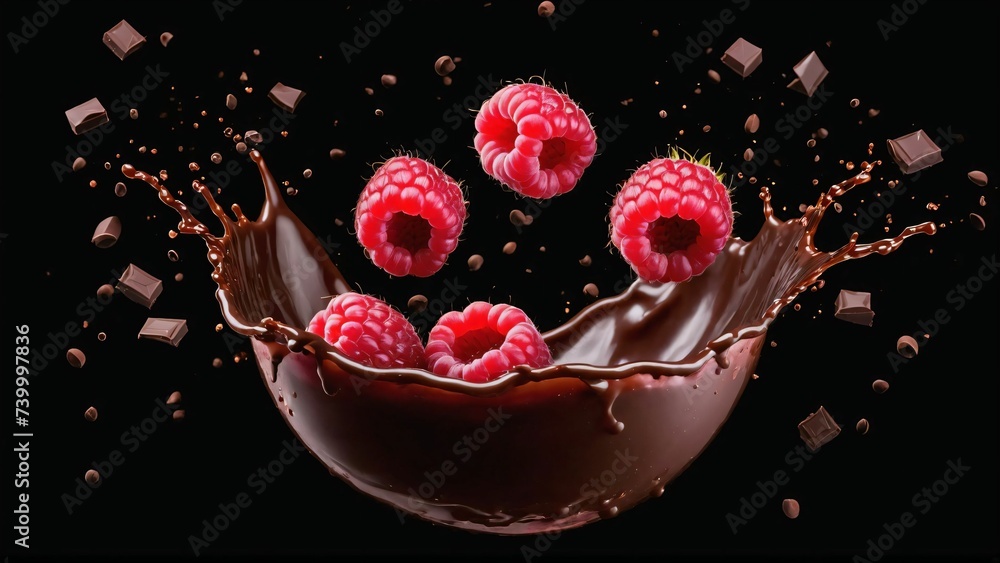 Raspberry with pieces and splashes of chocolate Raspberry with pieces and splashes of chocolate