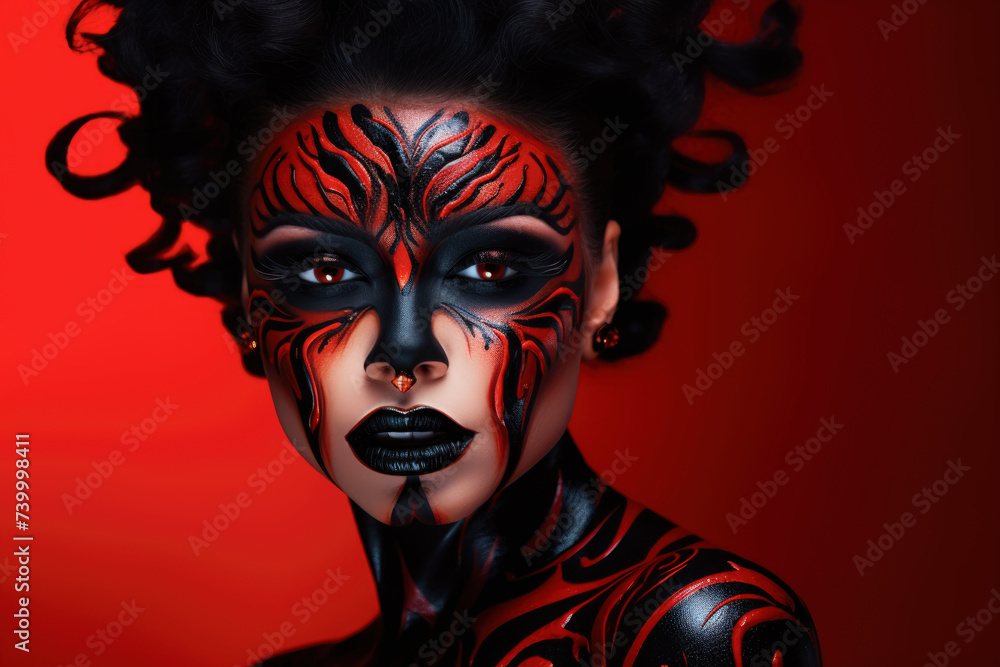 Art makeup in black and red colour for goth model.