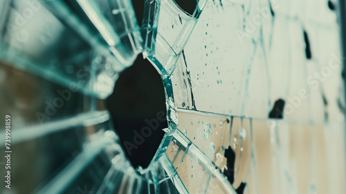 Closeup of shattered glass window from violence or accidental photo