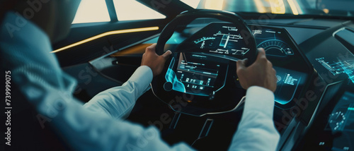Hands grip the futuristic steering wheel of an autonomous car, a leap into tomorrow’s travel photo