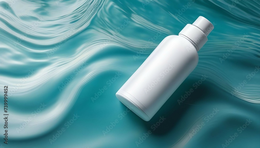 White blank cosmetic bottle tube mock up lies on the water surface White blank cosmetic bottle tube mock up lies on the water surface