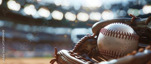 Baseball glove and ball on a field, capturing the anticipation of a game under stadium lights photo