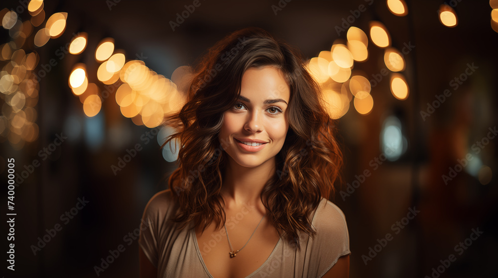 Happy brunette smiling. Young woman smiling, looking at the camera. Bokeh effect. AI generative