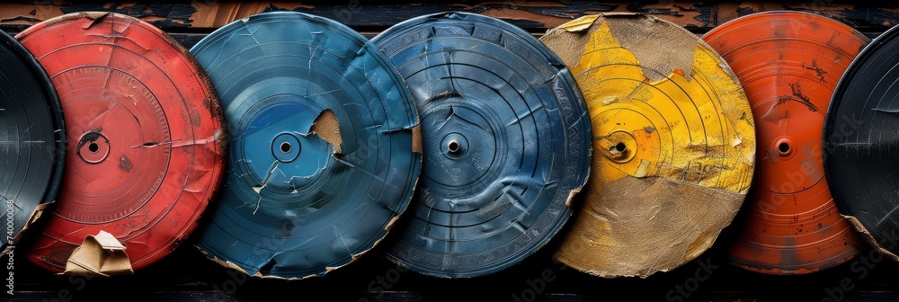 Fotografie Vintage vinyl records and musical notes pattern, Background Image, Background Fo
