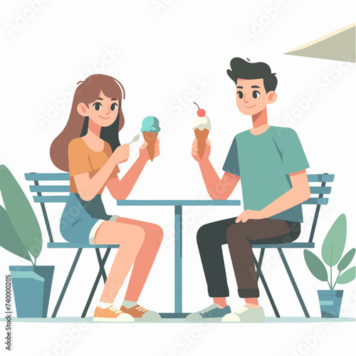 young millennial couple sitting on a chair eating ice cream cartoon character illustration