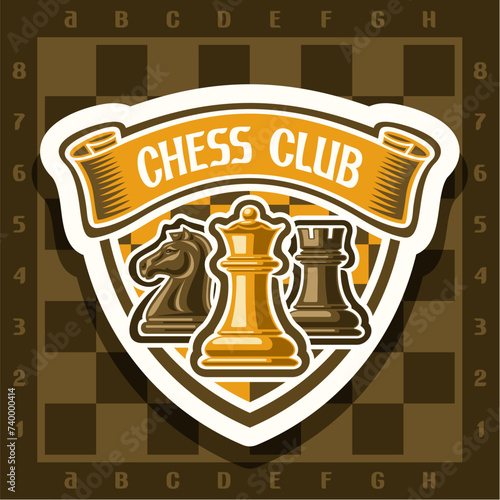 Vector logo for Chess Club, white sticker with yellow and brown illustration of chess pieces and decorative ribbon with text chess club on checkered background