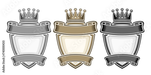 Vector Royal Emblems Set, collection of 3 isolated illustrations monochrome heraldic emblems with copy space, group of decorative various vintage sign boards with ribbons for text on white background