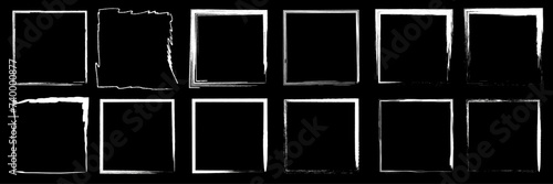 Chalk square frames set. Hand drawn pencil square borders.Grunge black fill white border frame. Square boxes. Vector illustration isolated on black background.