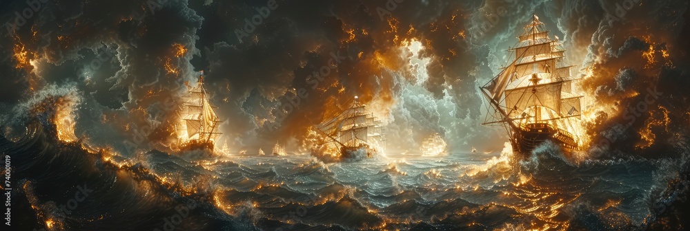 Obraz premium Whimsical pattern of a pirate adventure with ships and treasure, Background Image, Background For Banner